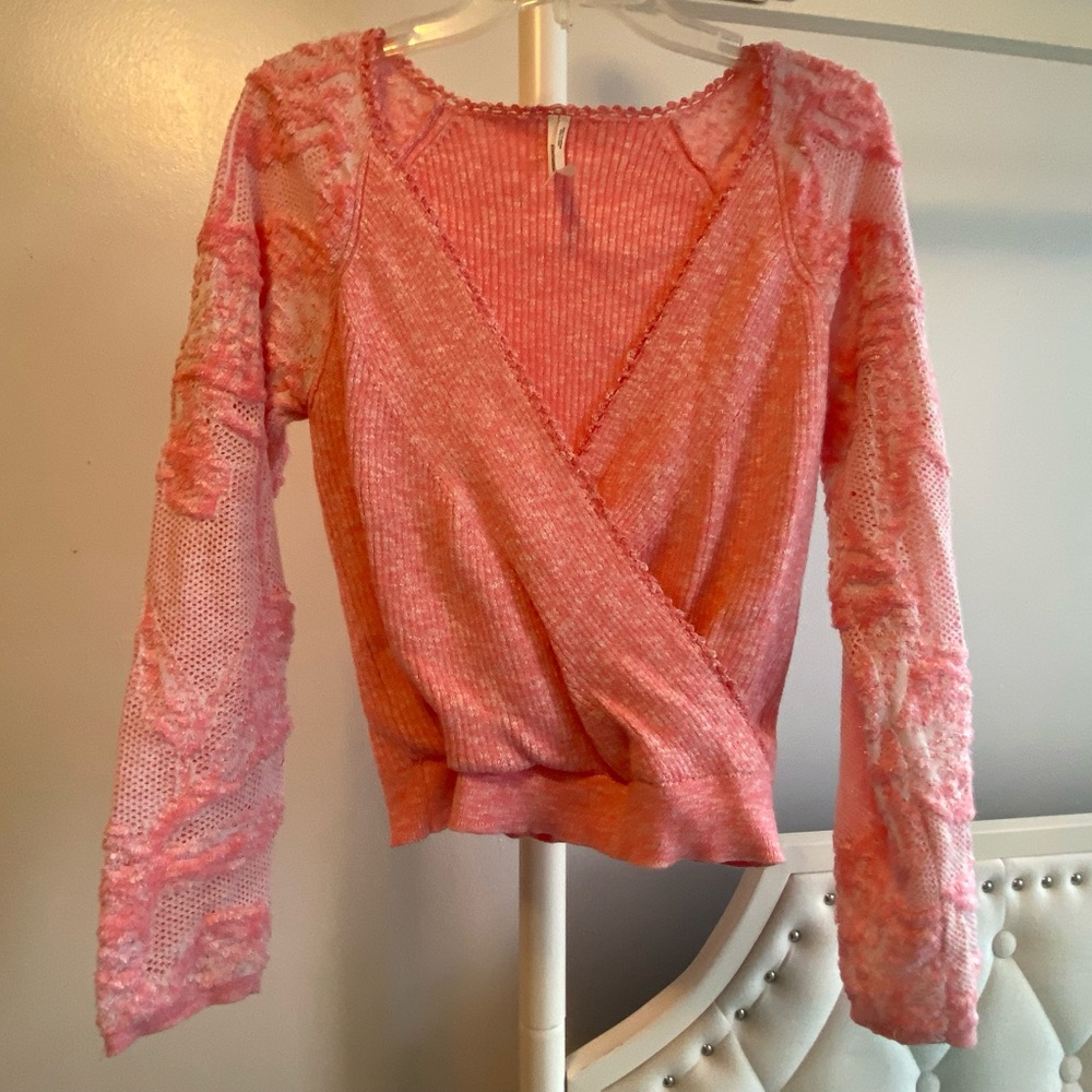 Anthropologie Pink V-Neck Mixed-Knit Wrap Sweater